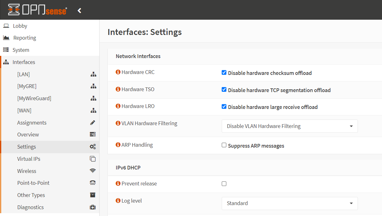 OPNsense - Interfaces - Settings