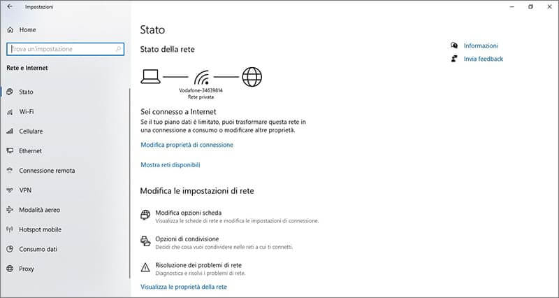 Windows 10 Stato della rete - IP statico su Windows