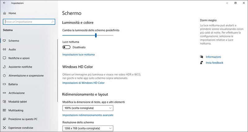 Windows 10 - Impostazioni - Schermo